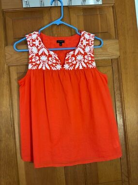 Talbots Red Sleeveless Top with White Embroidered Yoke